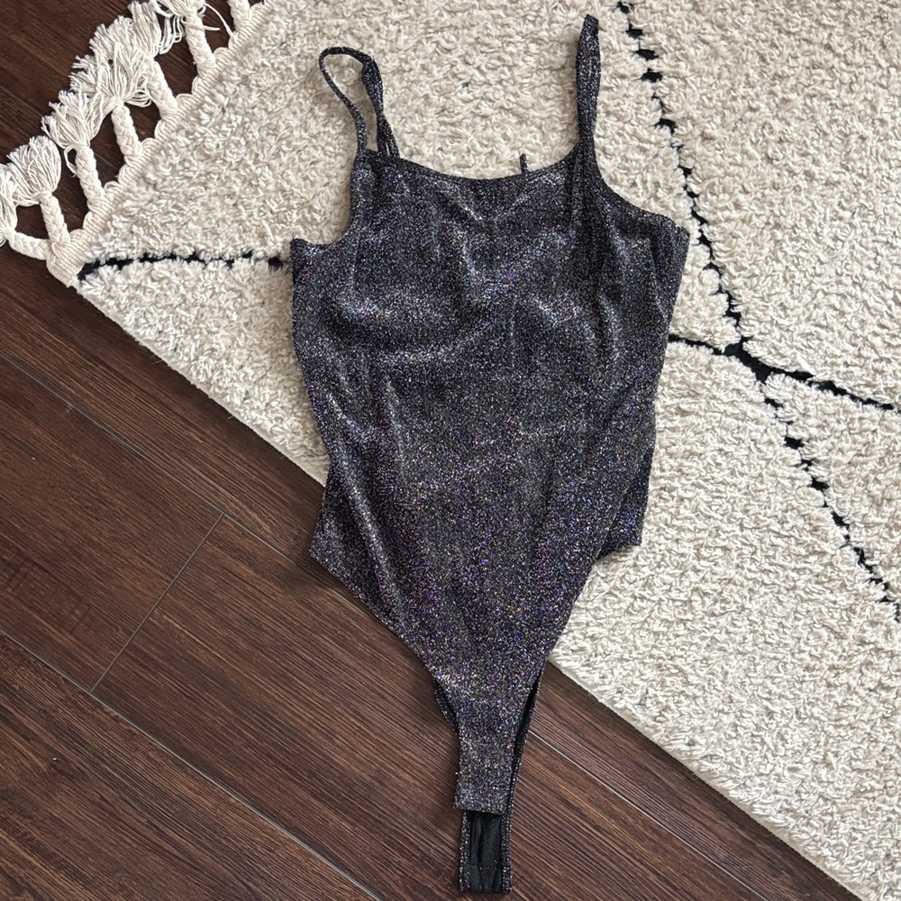 Charlotte Russe Iridescent Black Sparkle Tank Bodysuit